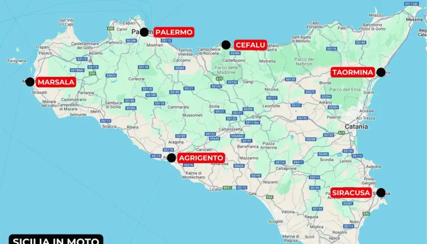 Mappa della Sicilia con itinerari per moto. Dove dormire tra Palermo, Cefalù, Taormina, Agrigento e Siracusa.