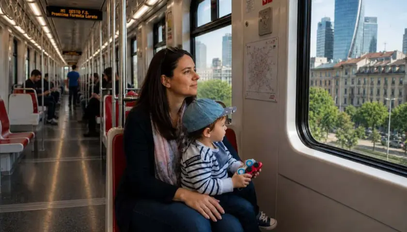 Mamma e bambino guardano fuori dal finestrino della metro. I bambini pagano la metro a Roma, ma questo piccolo esploratore è troppo giovane per preoccuparsi del biglietto.