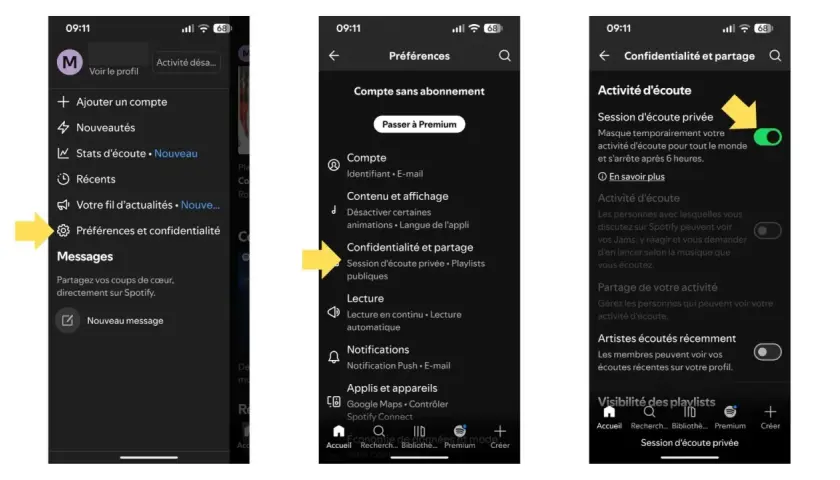 Accédez aux paramètres de confidentialité pour activer la session d'écoute privée et ainsi augmenter votre contrôle sur Spotify.