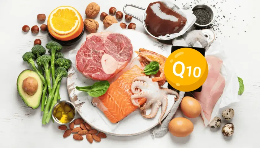 Lebensmittel reich an Q10: Rindfleisch, Lachs, Hühnchen, Garnelen, Tintenfisch, Leber, Eier, Nüsse, Brokkoli, Avocado, Orange, Öl. Q10 ist nicht krebserregend.