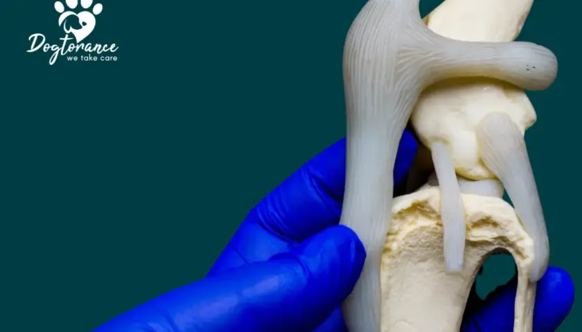 Modell eines Hundekniegelenks, das eine Patellaluxation zeigt. Ein blauer Handschuh hält das Modell.