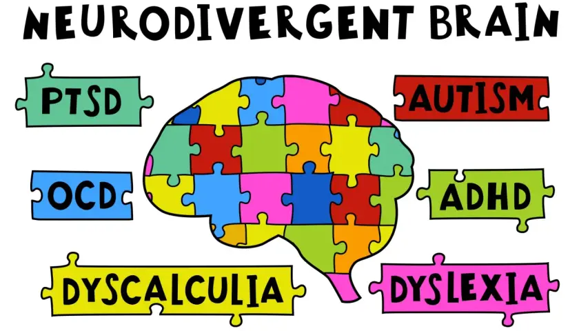 Il cervello neurodivergente è un puzzle colorato, con pezzi che rappresentano autismo, ADHD, dislessia, discalculia, PTSD e OCD.