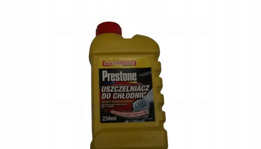 Żółta butelka Prestone uszczelniacz do chłodnic 250ml. Produkt do układów o pojemności do 14 litrów, uszczelnia nawet duże wycieki.