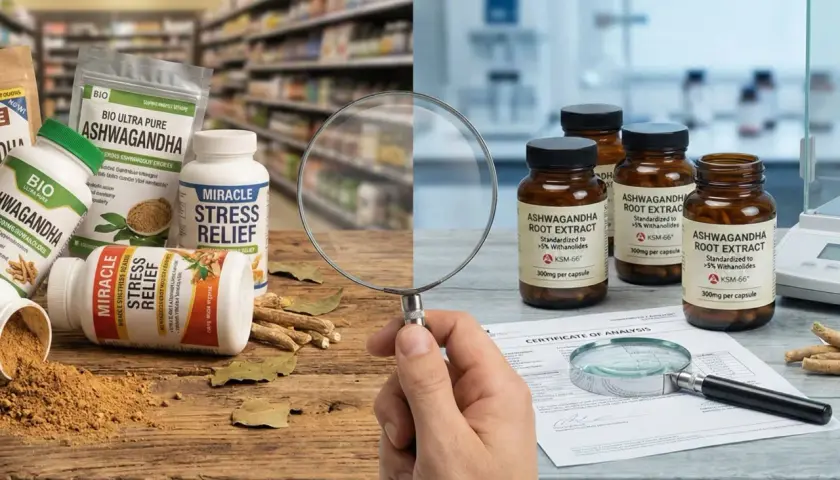 Des flacons d'ashwagandha, certains en poudre, d'autres en gélules, sont examinés sous une loupe. Les bienfaits de l'ashwagandha pour le stress sont mis en avant.