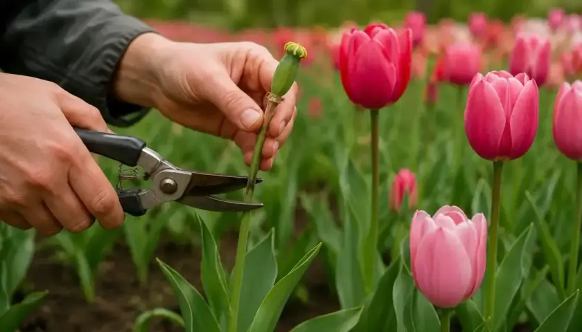 Ręce przycinają sekatorami łodygę z nasionami tulipanów po przekwitnięciu. W tle widać pole różowych i czerwonych tulipanów.