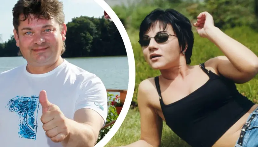 Mężczyzna z kciukiem w górę i kobieta w okularach przeciwsłonecznych, jak z zespołów disco polo lat 90.