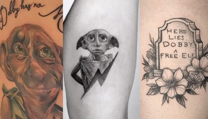Trzy tatuaże z Dobbym: portret, postać z piorunem i nagrobek z napisem "HERE LIES DOBBY A FREE ELF".