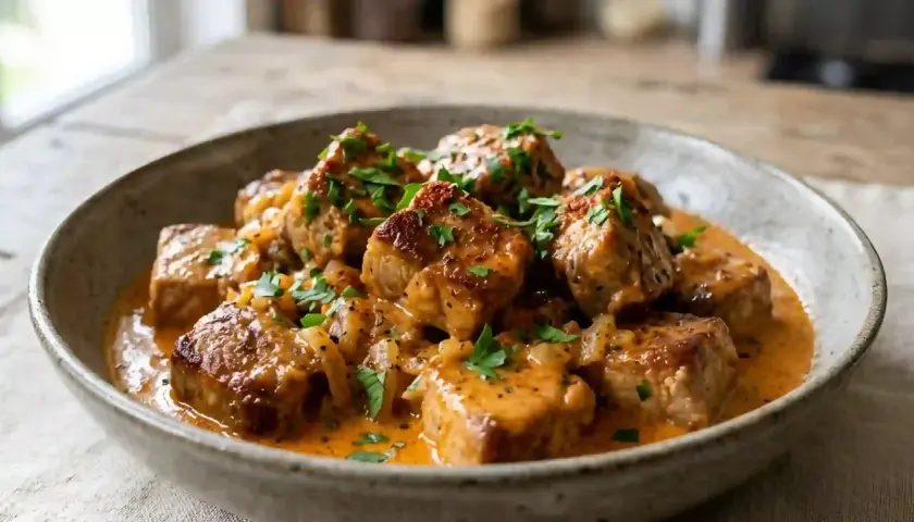 Un délicieux saute de porc en sauce crémeuse, garni de persil frais.