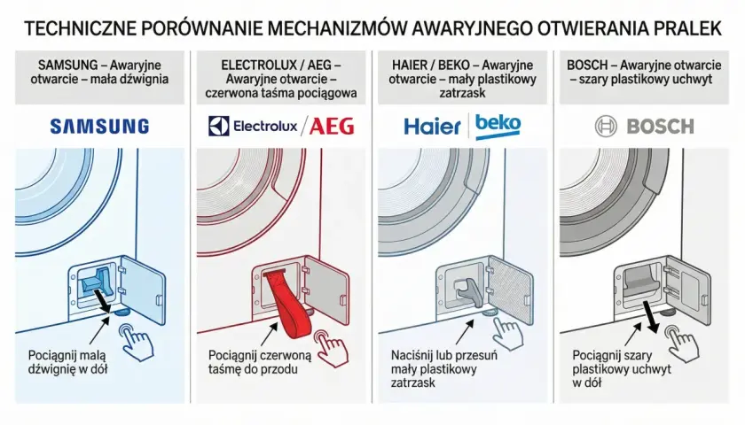 Ilustracja porównująca awaryjne otwieranie drzwi pralek marek Samsung, Electrolux/AEG, Haier/Beko i Bosch.