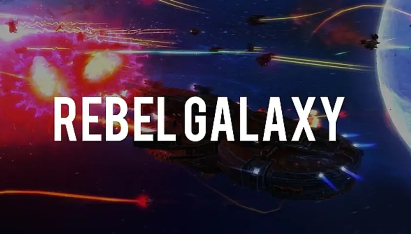 Bitwa kosmiczna w grze Rebel Galaxy. Statki walczą w przestrzeni, eksplozje i lasery.