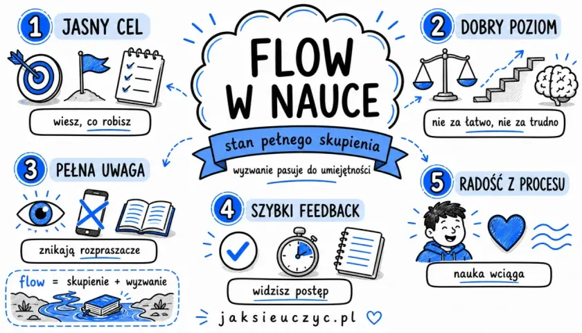 Grafika przedstawia 5 kroków do osiągnięcia stanu "flow w nauce": jasny cel, dobry poziom wyzwania, pełna uwaga, szybki feedback i radość z procesu. Kiedy czujesz flow, nauka wciąga!