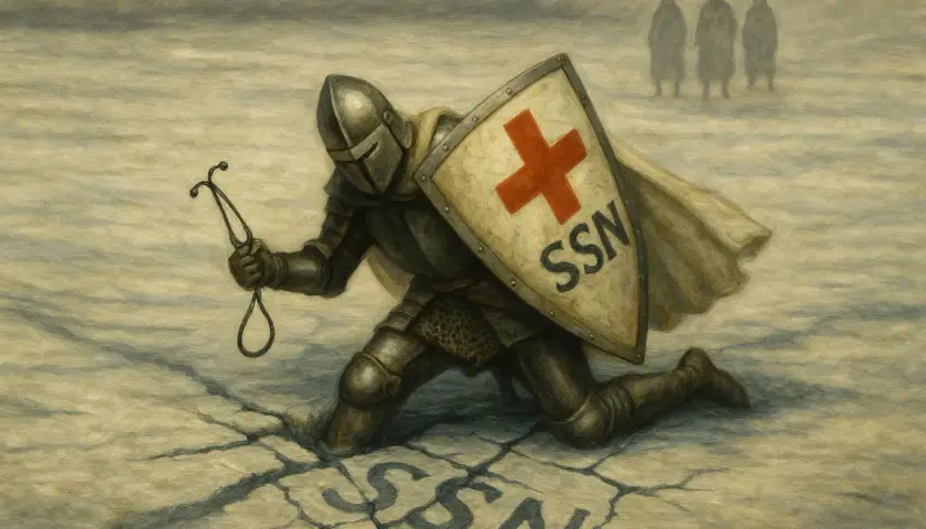 Cavaliere in armatura con scudo SSN e stetoscopio, simbolo della medicina difensiva. Tre figure sfocate sullo sfondo.