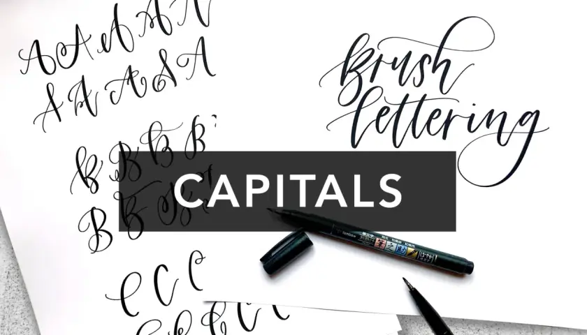 Ejemplos de caligrafía bonita mayúsculas en estilo brush lettering. Letras A, B, C y más.