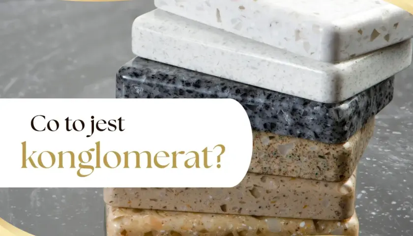 Stos próbek konglomeratu w różnych kolorach i wzorach, od białego po ciemnoszary i beżowy.