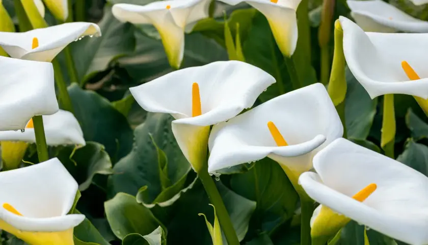 Un parterre de callas blancs aux pistils jaunes, leurs pétales délicatement courbés, semblent prêts à accueillir la rosée du matin.