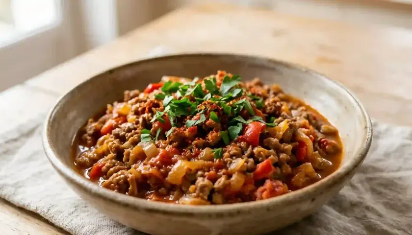 Un bol rustique de axoa de veau, garni de persil frais. Un plat réconfortant et savoureux.