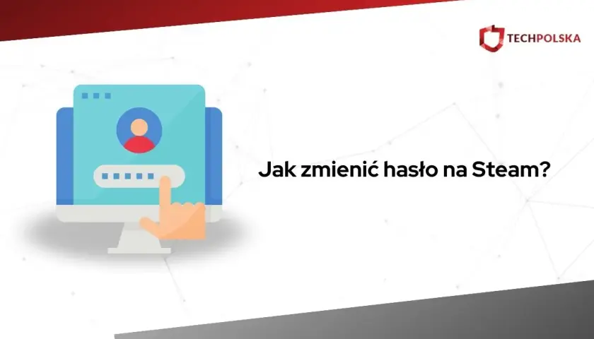 Grafika przedstawia ekran logowania na komputerze z ikoną użytkownika i polem hasła. Tekst "Jak zmienić hasło na Steam?" sugeruje poradnik.
