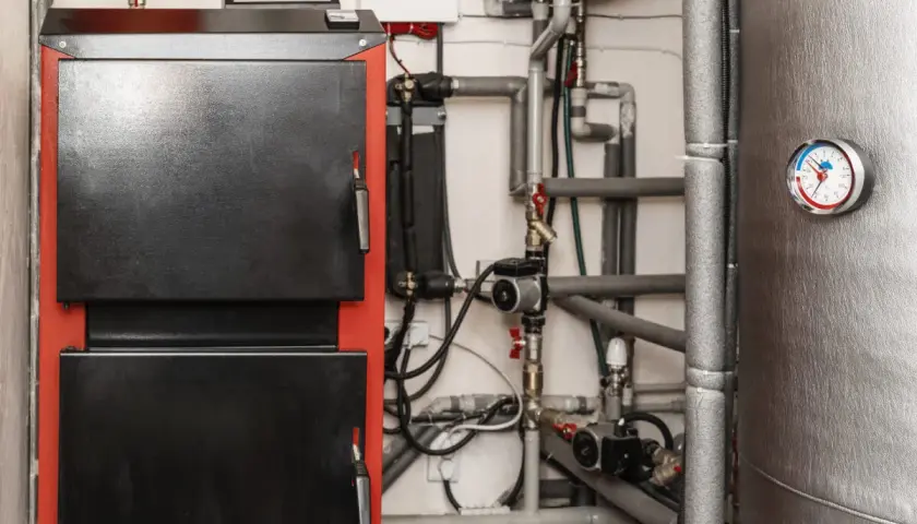 Kotłownia z piecem i skomplikowaną instalacją hydrauliczną. Widoczna wentylacja w kotłowni zapewnia bezpieczeństwo.