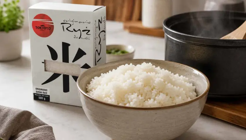 Gotowy ryż do sushi w misce, obok opakowanie ryżu i garnek. Idealny sposób, jak ugotować ryż do sushi.