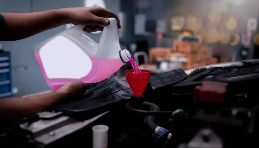 Mano versa liquido di raffreddamento rosa in un imbuto rosso, pronto a controllare il livello nel motore dell'auto.