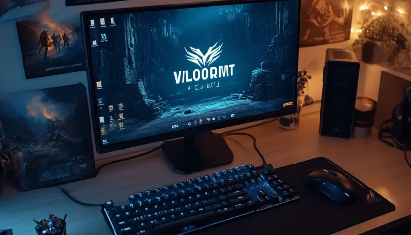 Bureau de jeu avec écran affichant le logo "VILOORMT" et un fond d'écran sombre. Clavier rétroéclairé bleu, souris et décorations thématiques Valorant.