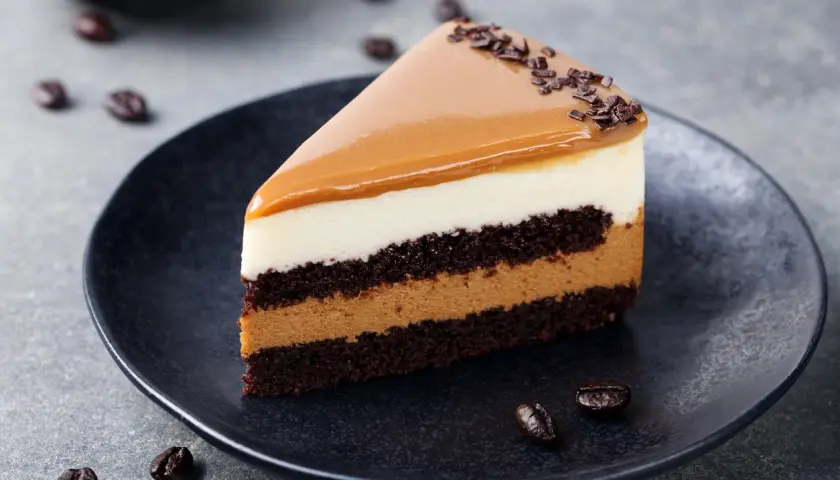 Kawałeczek ciasta brownie z płynną czekoladą, przełożony kremem i polany karmelem.