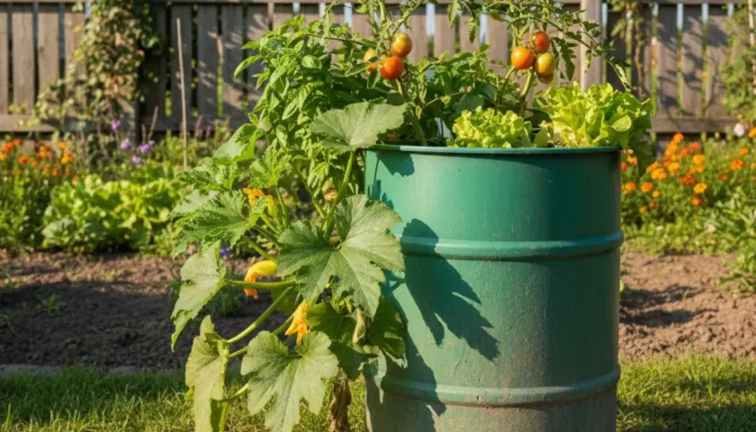 Grüne Regentonne als Upcycling-Gefäß für Tomaten, Salat und Zucchini im sonnigen Garten.
