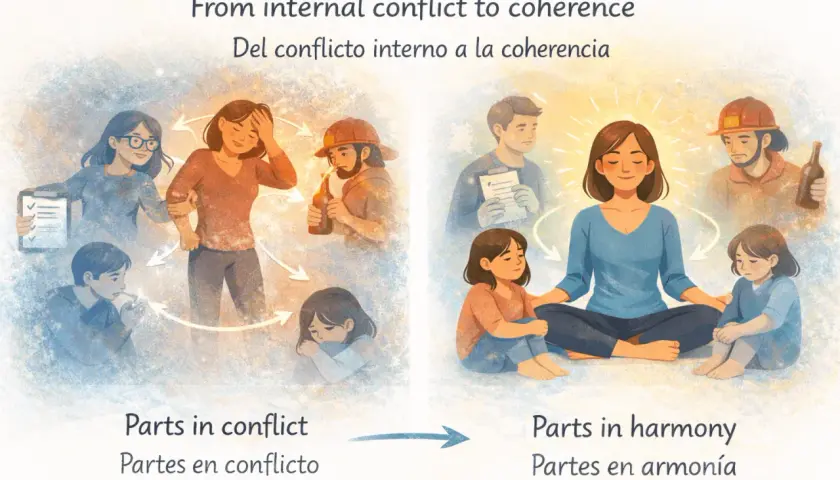 Illustration shows a woman in conflict with various "parts" of herself, then finding peace through IFS coaching, leading to harmony.