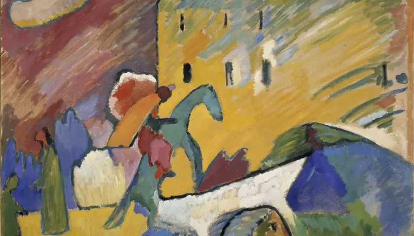 Pintura con círculo de Kandinsky, vibrante y abstracta, evoca un paisaje con figuras y formas geométricas en movimiento.
