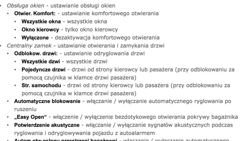 Ustawienia centralnego zamka: odryglowanie wszystkich drzwi, pojedynczych drzwi lub drzwi po stronie kierowcy/pasażera.