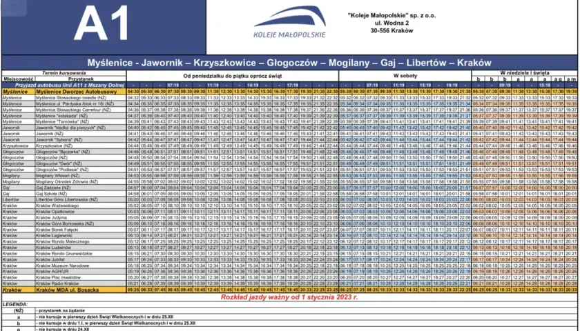 Rozkład jazdy A1: busy Kraków - Myślenice, Jawornik, Krzyszkowice, Głogoczów, Mogilany, Gaj, Libertów. Busy Kraków - Myślenice.