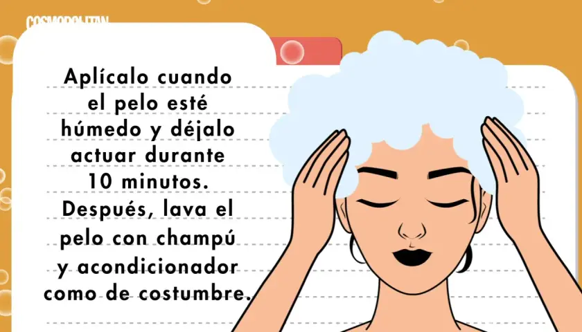 Ilustración de una mujer con pelo rizado y espuma, con instrucciones sobre cómo hacer que el pelo crezca rápido.
