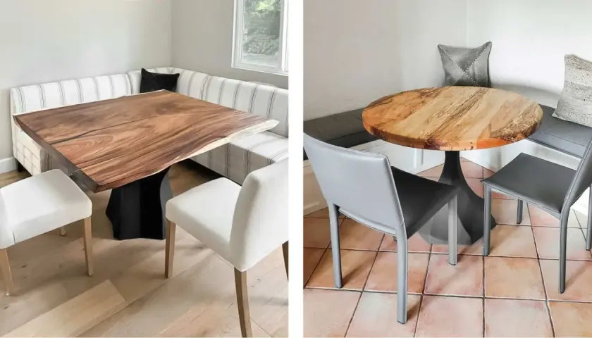 Two breakfast table settings. Left: live-edge wood table with striped banquette. Right: round wood table with gray chairs.