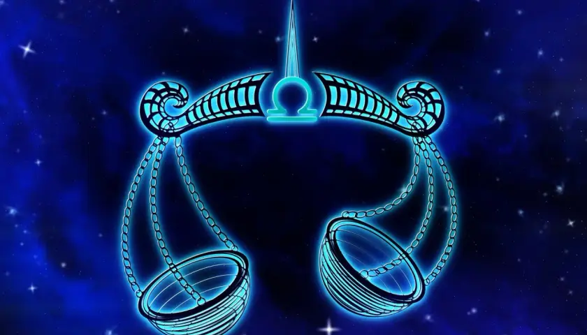 Neonowy symbol Wagi, 24 września znak zodiaku, lśni na tle nocnego nieba pełnego gwiazd.