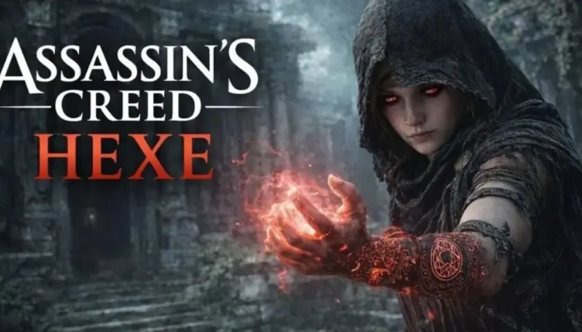 Postać z gry Assassin's Creed Hexe z płonącymi rękami i mrocznym kapturem.