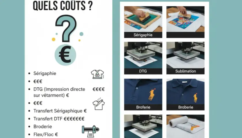 Comparatif des coûts des techniques de marquage textile : sérigraphie, DTG (impression directe sur vêtement), sublimation, transfert, broderie et flex/floc.