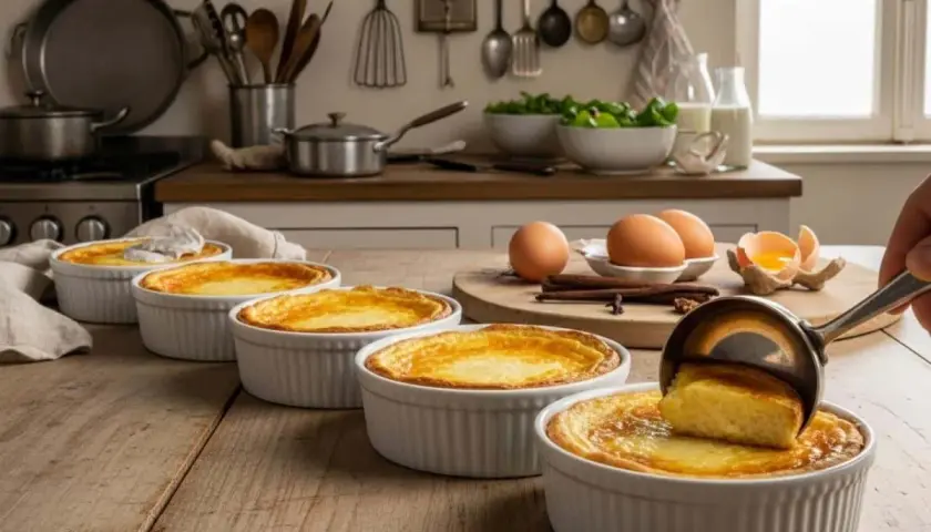 Une louche sert une portion dorée d'oeufs au lait dans un ramequin blanc. Des œufs et de la cannelle sont sur la table.