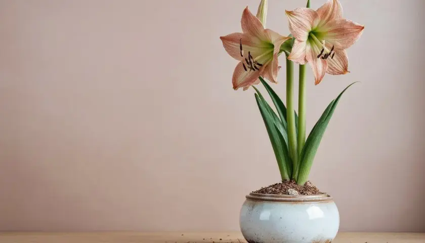 Amaryllis in vaso, con fiori rosa pallido e striature verdi. La cura di questa pianta è semplice, richiede luce e poca acqua.