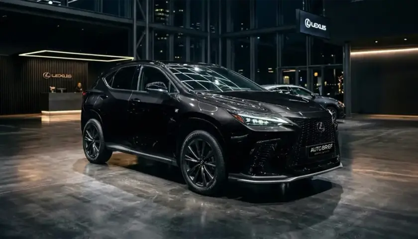 Elegancki, czarny Lexus 350h prezentowany w nowoczesnym salonie.
