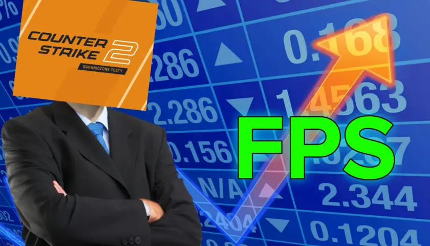 Człowiek w garniturze z logo Counter-Strike 2 zamiast głowy, na tle wykresu giełdowego z napisem FPS.