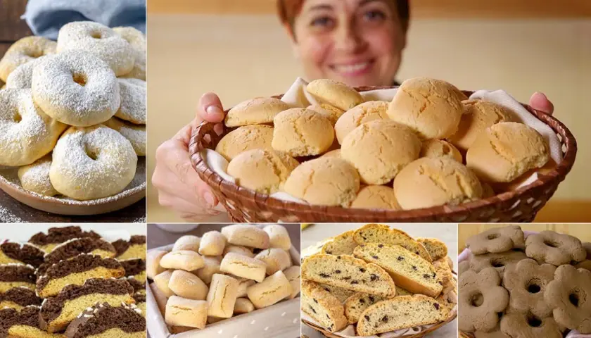 Varietà di biscotti da inzuppo: ciambelline zuccherate, palline dorate, biscotti a forma di fiore e fette con gocce di cioccolato.