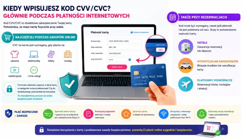 Karta z kodem CVV/CVC jest kluczowa do płatności online, np. za ubrania, elektronikę, bilety, noclegi, subskrypcje. Potwierdza, że masz kartę przy sobie.