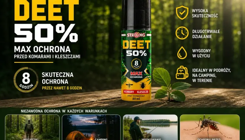 DEET 50% - skuteczna ochrona przed komarami i kleszczami, idealny na wycieczki i biwaki. To jest to, co odstrasza kleszcze.