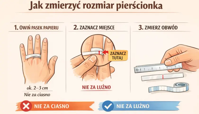 Ilustracja pokazuje 3 kroki mierzenia rozmiaru pierścionka: owinięcie paska papieru, zaznaczenie miejsca i zmierzenie obwodu.