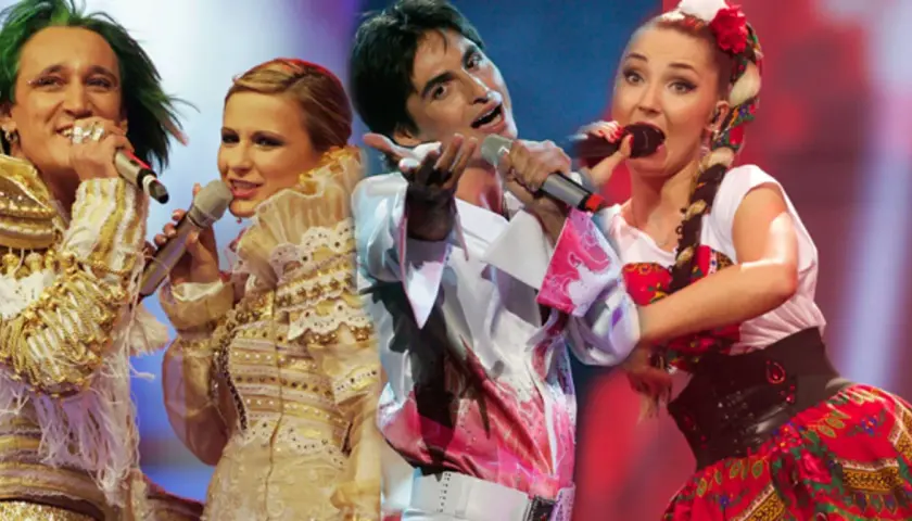 Czterech artystów w barwnych strojach, w tym w ludowym, kto reprezentował Polskę na Eurowizji.