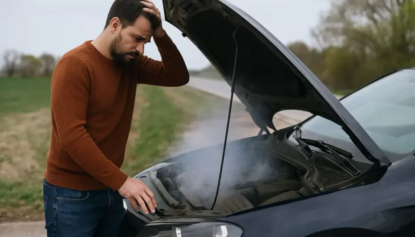 Uomo disperato guarda il fumo uscire dal cofano aperto della sua auto, con il motore fuso.