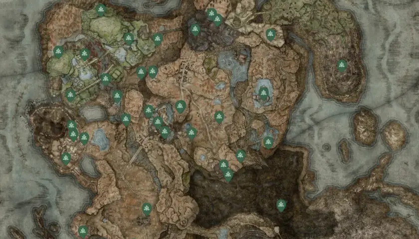 Mapa z zaznaczonymi lokacjami, gdzie można znaleźć legendarne talizmany Elden Ring.