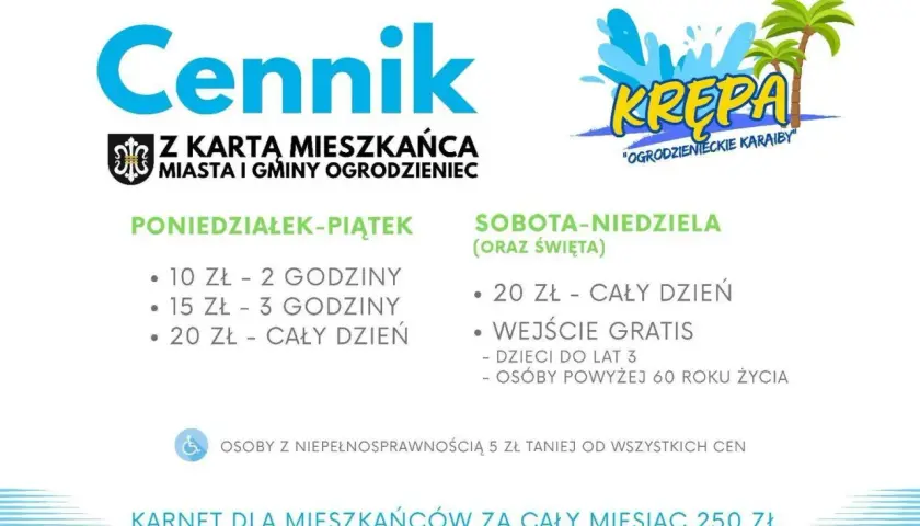 Cennik basenu "Krepa" z podziałem na dni tygodnia, godziny i ceny.
