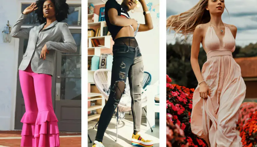 Trois femmes stylées. L'une porte un blazer gris et un pantalon rose évasé. Une autre, un crop top noir, un jean déchiré et une chaussure avec short homme colorée. La troisième, une robe longue pêche.