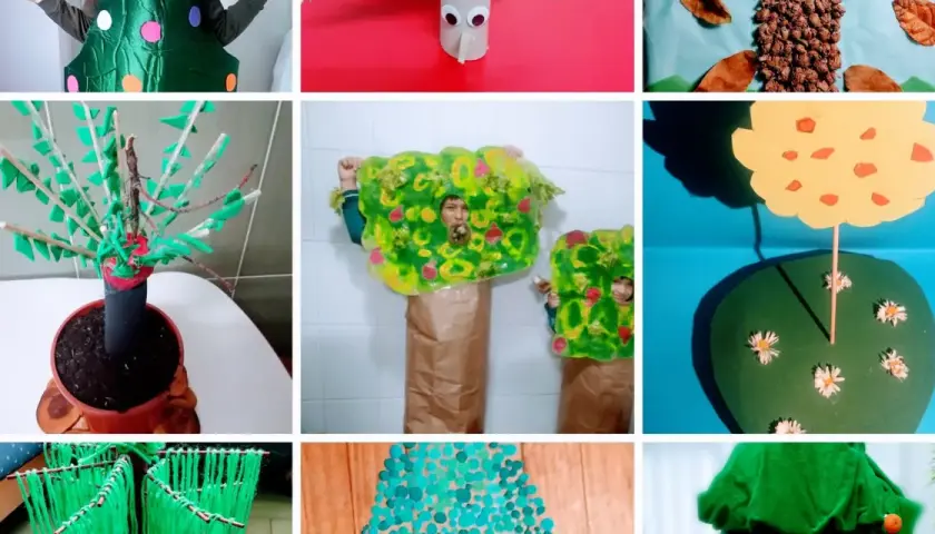 Celebración del día de los árboles con manualidades: disfraces de árbol, un árbol en maceta y un árbol de papel.